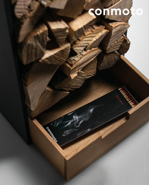 Brennholzregal mit Schublade aus Holz und HPL - Covo Holzregal