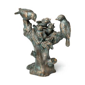 Gartenfigur Bronze Vogelfamilie im Baum - Vogelnest