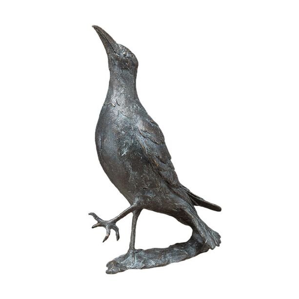 Robuste Vogelskulptur aus Bronze mit Patina - Rabe schreitend