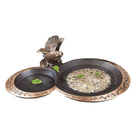 Bronze Vogeltrnke aus 2 Schalen mit Spatz Figur -...