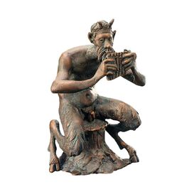 Bronze Statue Pan mit Schilfrohrflte - sitzend - Satyr