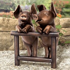 Bronzeskulptur fr den Garten - Schweine mit Zaun - Schweine