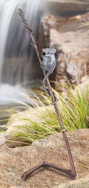 Bronze Gartenskulptur - wetterfeste Tierfigur - Maus auf Halm