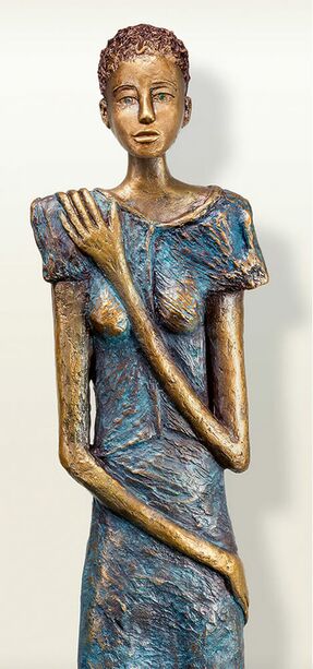 Knstlerskulptur limitiert - Frau auf Leiter aus Bronze - La Timide