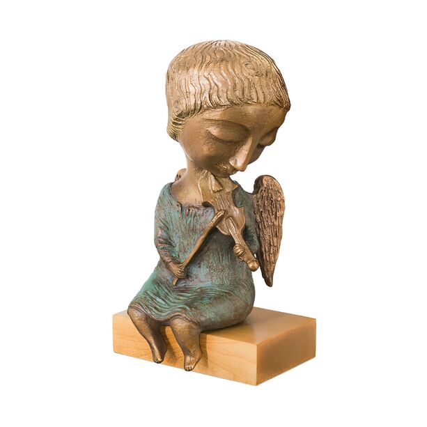 Sitzende Engelfigur mit Holzpodest - Designer Bronze - Engel mit Geige