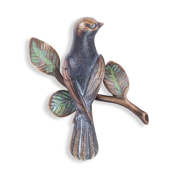 Vogel Wandfigur aus Bronze - vollplastisch - Vogel auf Ast rechts / Bronze braun