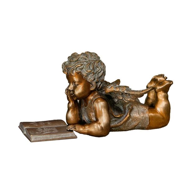 Bronzengel mit Buch - Inschrift deutsch - Angelo Germanica / 11x12x8cm (HxBxT) / Bronze braun