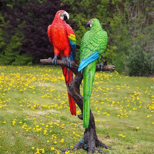 Bronze-Vogelskulpturen - Aras rot und grn - Papageien auf Ast