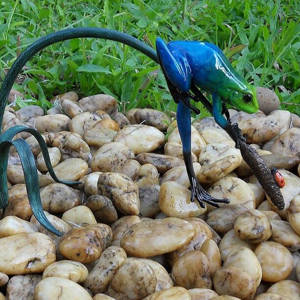 Bronze Froschskulptur mit Schilf und rotem Kfer - Blauer Frosch mit Kfer