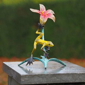Gelber Frosch mit rosa Blte - Bronze Tierfigur - Frosch...
