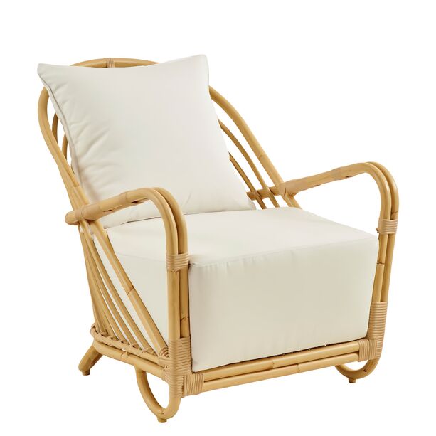 Extravaganter Lounge Sessel aus Alu Rattan mit Armlehnen in hellbraun - Loungesessel Blenda / ohne Kissen