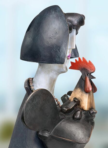 Knstler Skulptur vornehme Frau mit Hahn - limitierte Bronze - Floo e il gallo
