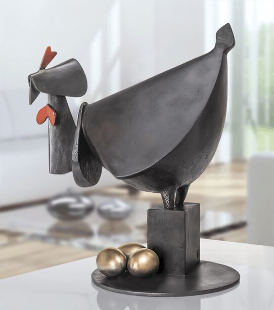 Knstler Skulptur einer schwarzen Henne mit goldenen Eiern - limitierte Bronze - Gallina Nera fa le uova verso sera