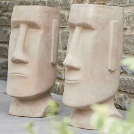 Moai-Kopf Dekofigur - Terrakotta - Frhliches Gesicht -...