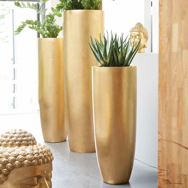 Goldene XXL Indoor Pflanzvase aus Polystone - Glatt - Rund - Mit Einsatz - Kasim