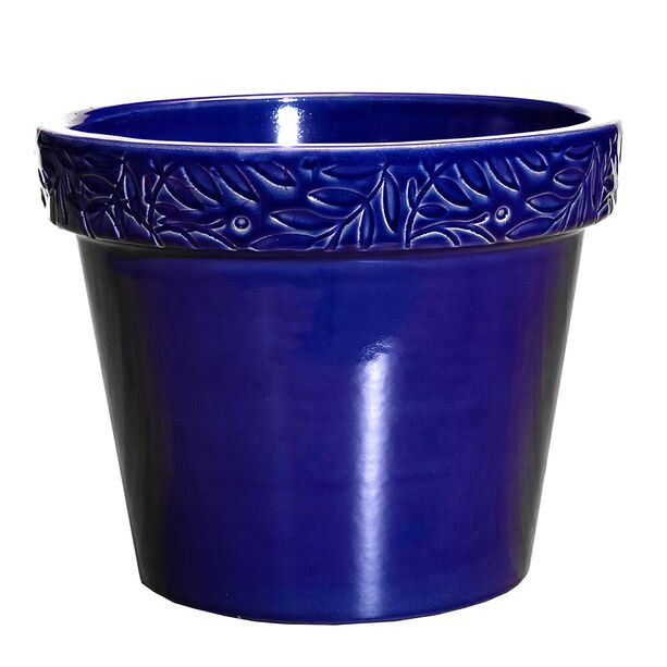 Winterfester Pflanztopf mit schner Olivenblatt-Verzierung - Blau - Rund - Keramik - Olea Azur