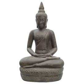 Sitzender Thai Buddha aus Steinguss mit Flammen auf dem...