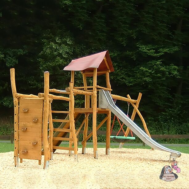 Holz Spielplatzgert mit Kletterwand, Edelstahlrutsche und Schaukel - Spielplatz Selma