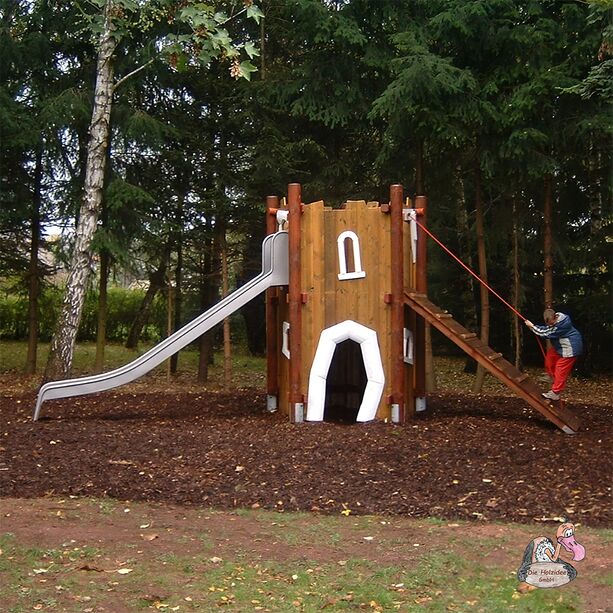 Holz Spielturm fr Kinder mit Edelstahl Rutsche und Kletterwand - Spielturm Rapunzel