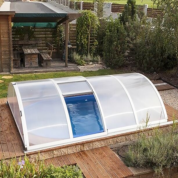 Flache Outdoor Poolberdachung mit Seitentr - vormontiert - fr kleinere Pools - eckig - aus Aluminium & Polycarbonat - Onyx