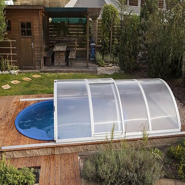 Flache Outdoor Poolberdachung mit Seitentr - vormontiert - fr kleinere Pools - eckig - aus Aluminium & Polycarbonat - Onyx