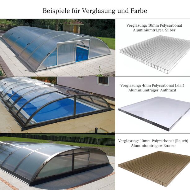 Poolberdachung mit geringer Dachwlbung - Sonderanfertigung - Aluminium & Polycarbonat - Tansanit Medium
