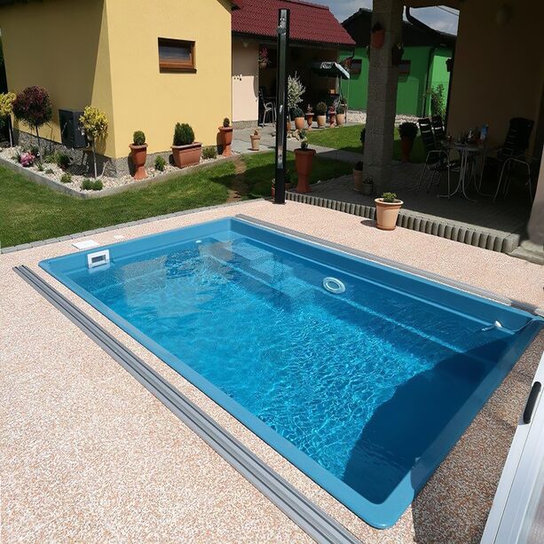 Eckiger Swimming Pool - Glas-Verbundbecken - Komplettset - mit Stufen - klein - Lagos Jaspis / Dunkelblau