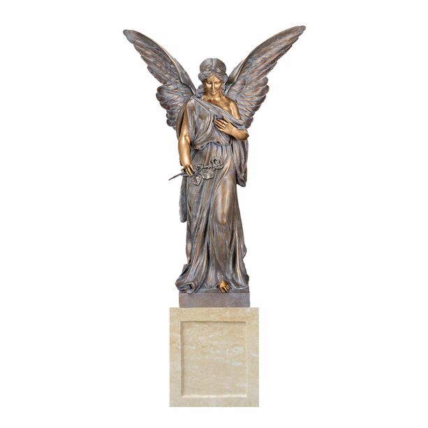 Groe Bronzeengel Skulptur mit Rose auf Steinguss Sockel - Angelus Florere