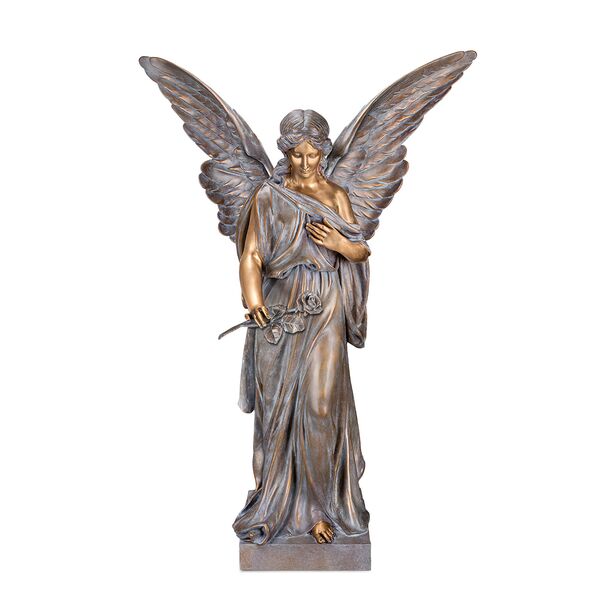 Stehender Bronzeengel mit Rose als stilvolle Dekoration - Angelus Florere / 120cm / Bronze Wachsgusspatina