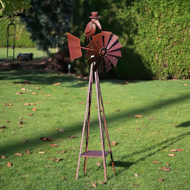 Garten Windrad mit Vogelfigur mit Hut aus Metall rostend - Herbert