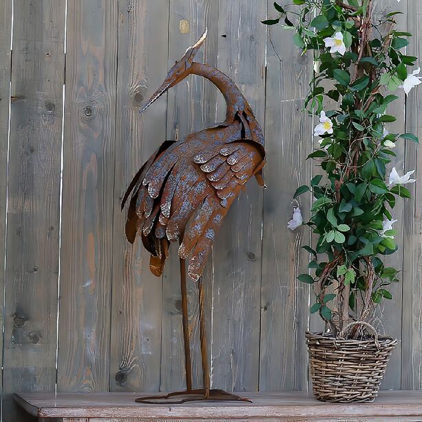 Stehende Vogelfigur Kranich aus Metall in Rostoptik - Kranero
