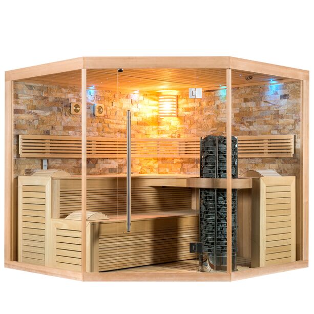 Groe Premium Heimsauna mit Natursteinwand, Holzmobiliar und Glasfront - Osiria