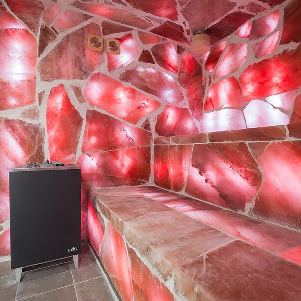 Indoor Salzhöhle mit Mosaikfliesen aus Salzstein inklusive Saunaofen - Majid