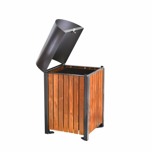 Quadratischer Abfalleimer fr Auenanlagen mit Schutzdach aus Metall und Holz - Brandur