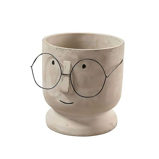 Pflanztopf Gesicht mit Brille in Beige/Grau aus Zement - Ottmar