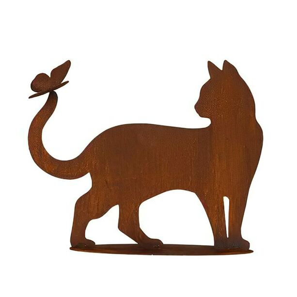 Katzenskulptur stehend in Lebensgre mit Schmetterling - Eisen - Fila mit Schmetterling