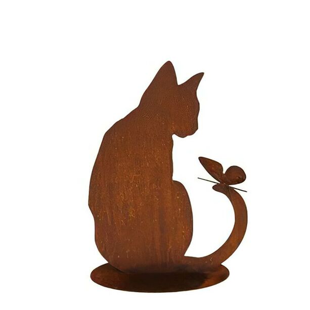 Sitzende Katzen Eisenfigur in Rostoptikmit Schmetterling - Fila Alando
