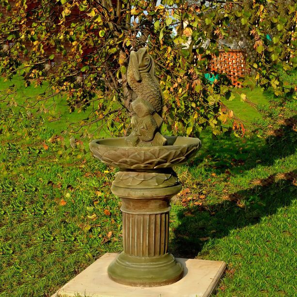 Dekorativer Steinguss Gartenbrunnen auf Sule mit Wasserspeier Fischskulptur - Cesare