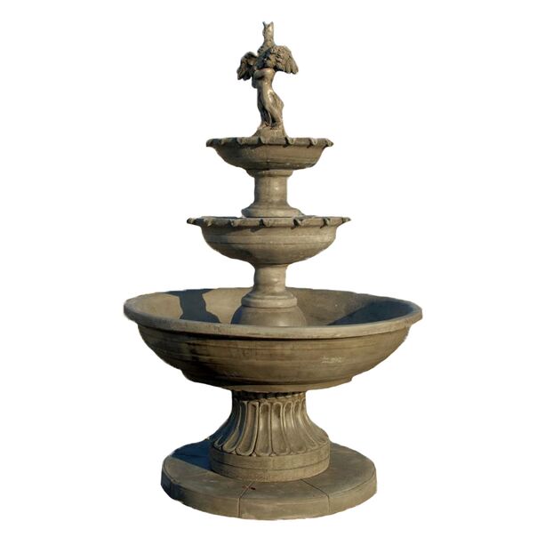 Eleganter Kaskaden Springbrunnen aus Steinguss - Junge mit Vogel - Romano