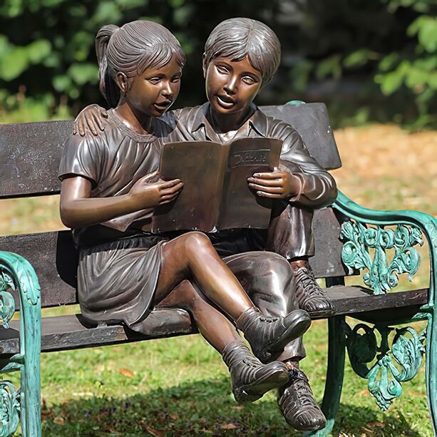 Bronze Gartenplastik Kinder mit Bank - Sahra & Janis