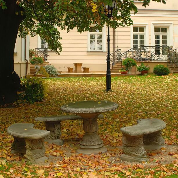 Romantische Sitzgruppe - Runder Steinguss Tisch und halbrunde Bnke mit Fisch Motiv - Semele