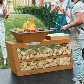 Besondere Cortenstahl Gartenk�che mit Feuerstelle