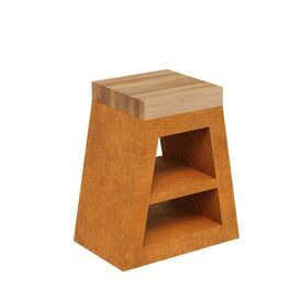 Erh�hter Cortenstahl Tisch mit Holzauflage stilvoller...
