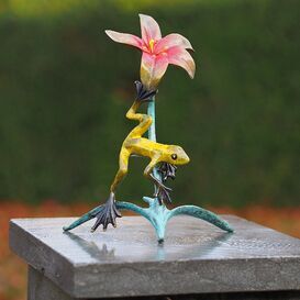 Gelber Frosch mit rosa Bl�te - Bronze Tierfigur - Frosch...