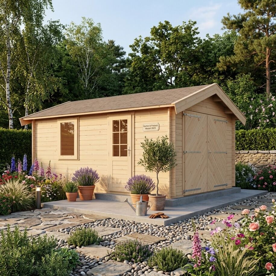 Premium Blockhaus mit praktischem Garagentor auf 350x500cm Einfacher Bausatz zur Eigenmontage - Gartenhaus Finne