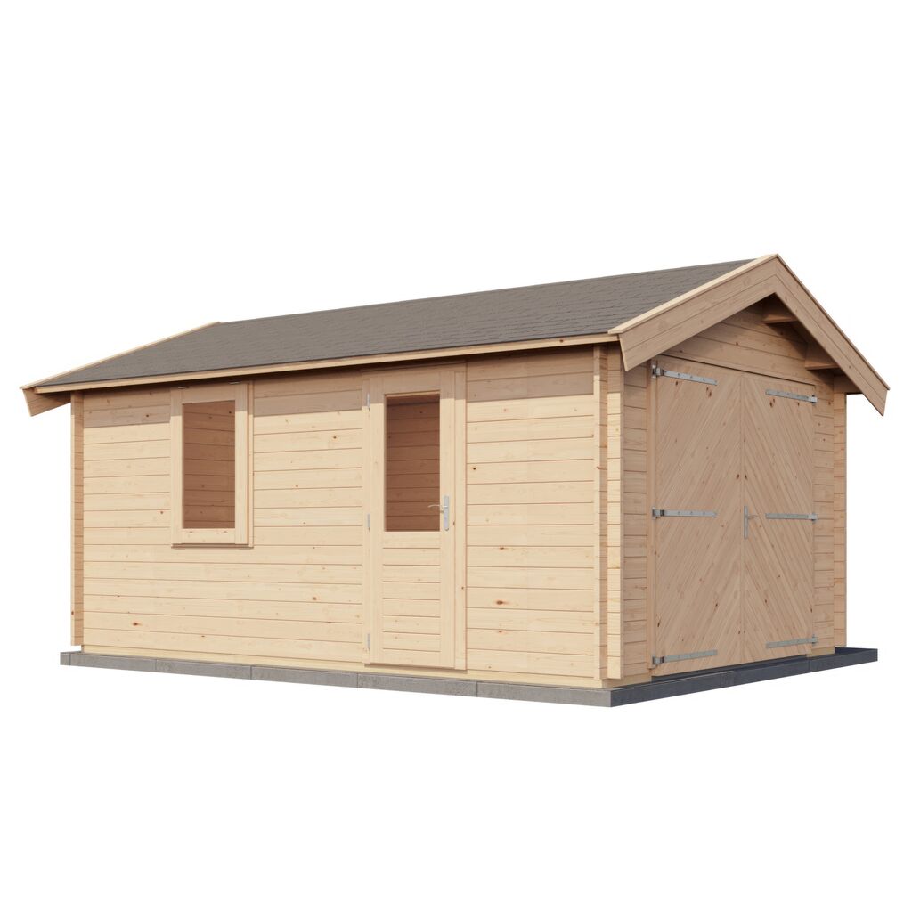 Premium Blockhaus mit praktischem Garagentor auf 350x500cm Einfacher Bausatz zur Eigenmontage - Gartenhaus Finne