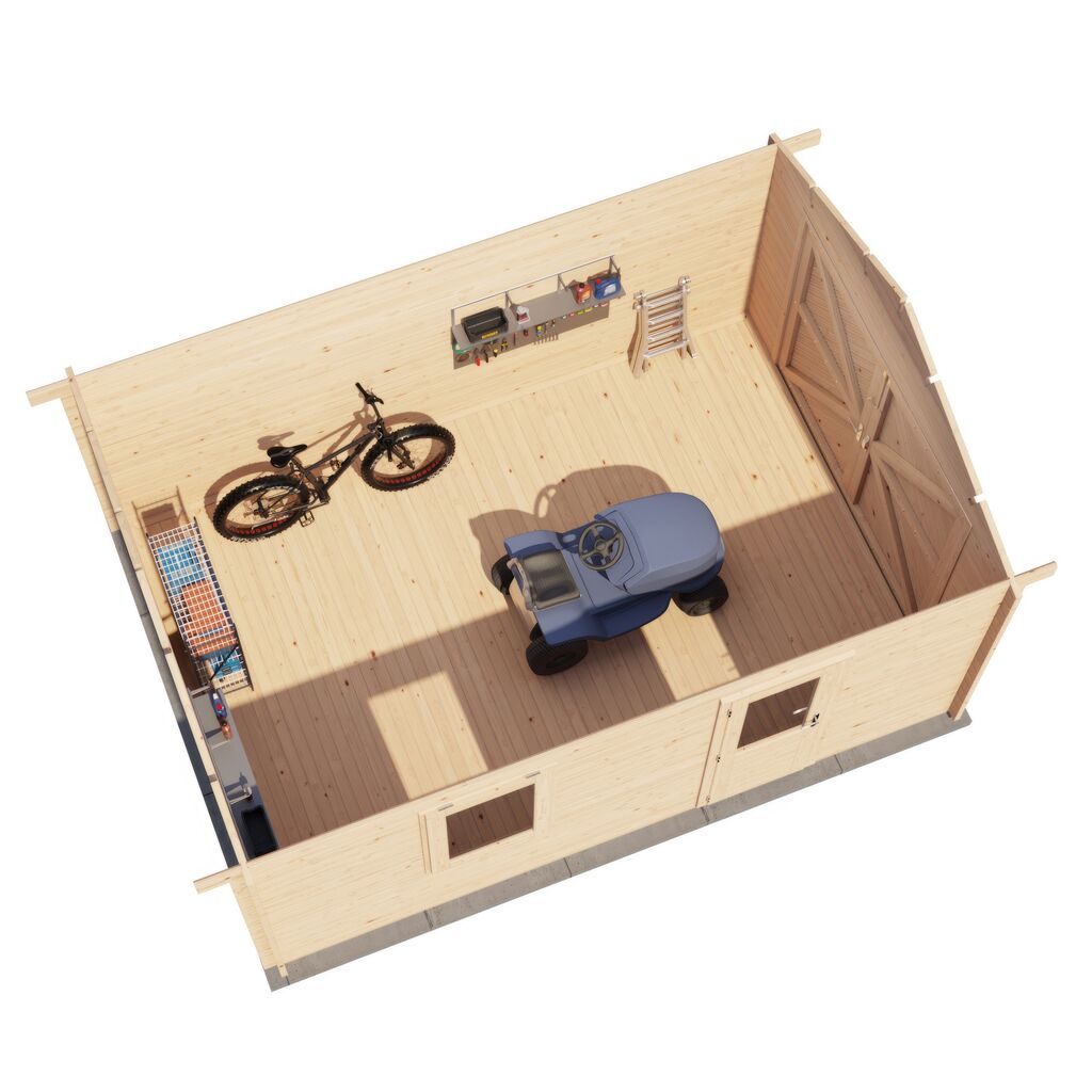 Premium Blockhaus mit praktischem Garagentor auf 350x500cm Einfacher Bausatz zur Eigenmontage - Gartenhaus Finne