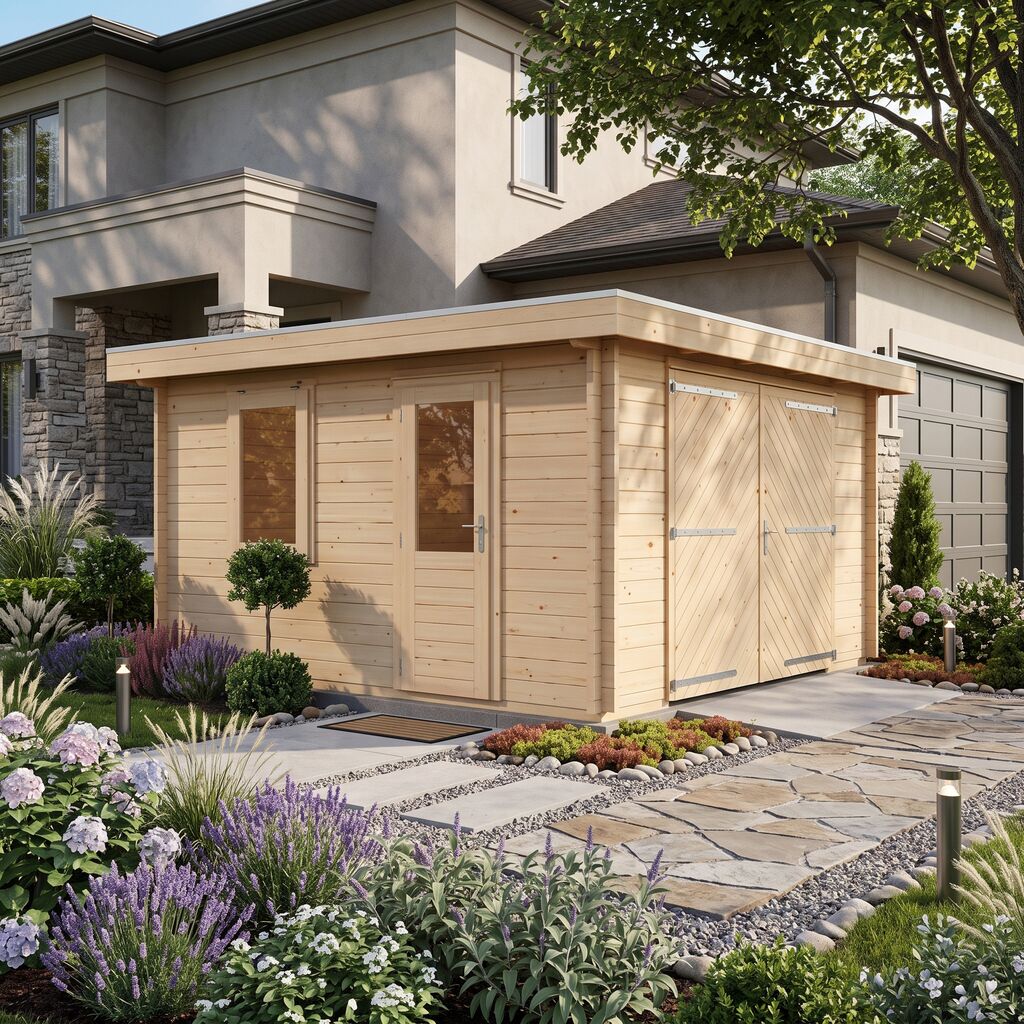 Kompaktes Blockhaus 400x400cm zur DIY-Montage mit Garagentor Platzwunder f�r Ihren Garten - Gartenhaus Linus