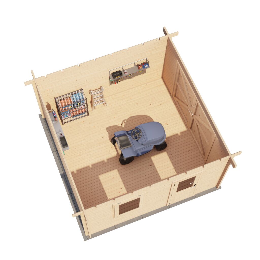 Kompaktes Blockhaus 400x400cm zur DIY-Montage mit Garagentor Platzwunder f�r Ihren Garten - Gartenhaus Linus