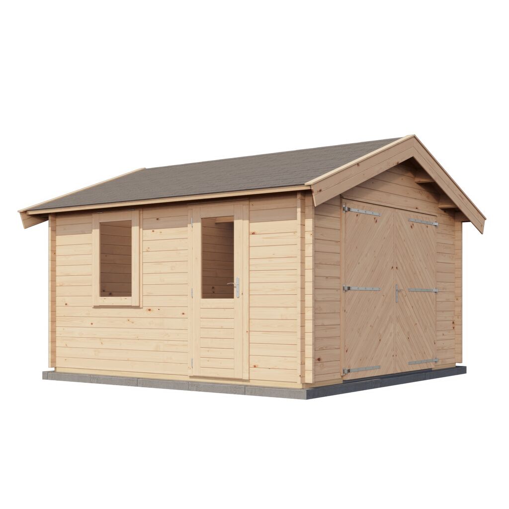 Echtes Handwerk: Robustes Blockhaus inkl. Garagentor - 400x400cm Bausatz zur Eigenmontage - Gartenhaus Janne